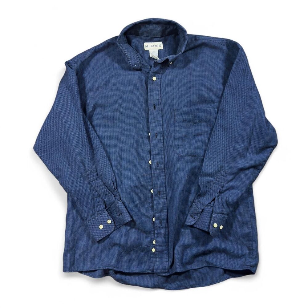 Merona Button Down Men L Blue Cotton‎ Poly Casual Workwear Vintage